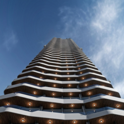 Skyhotel tower with undulating balconies Blick von unten auf den Skyhotel-Turm mit wellenförmigen Balkonen