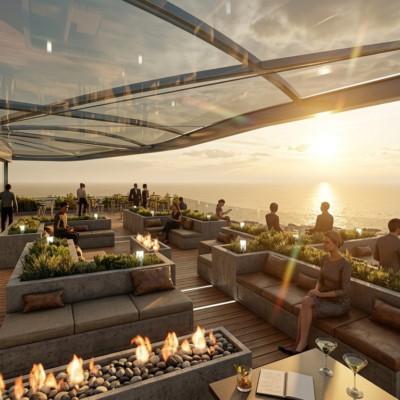 Terrasse des Skyhotels unter einem Glasdach mit Sofas und Meerblick bei Sonnenuntergang