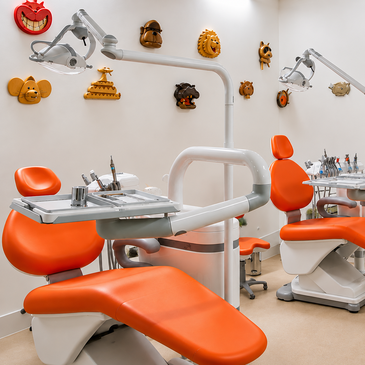Dental treatment room with orange chairs and dental equipment