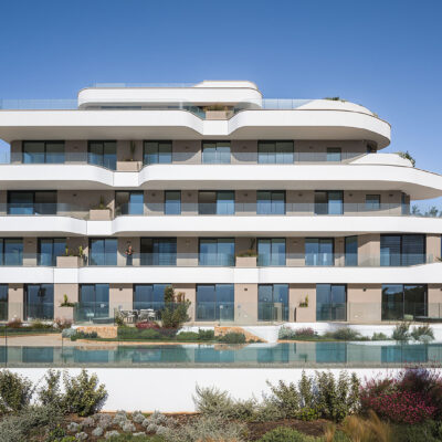 Facade of the ONE Ibiza facing the communal pool.