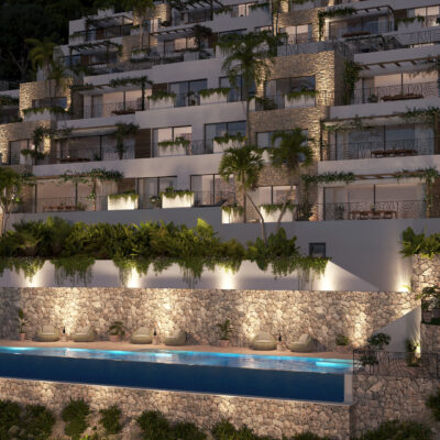 Vista nocturna de Blue Elements
