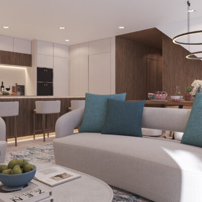 Salón de Blue Elements con cocina integrada